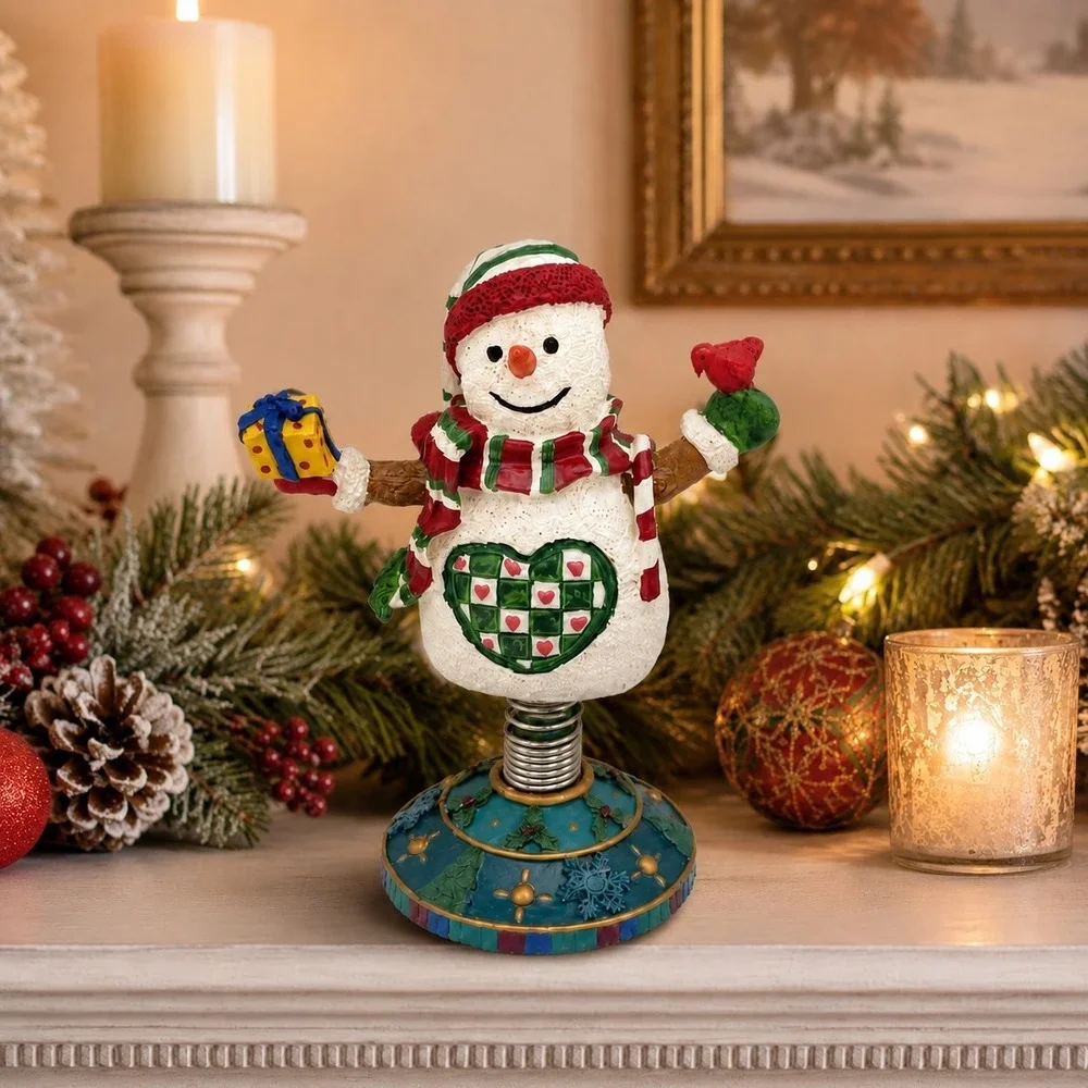 Christmas Snowman On Spring Pedestal Figurine Rustic Farmhouse Whimsical Vintage
